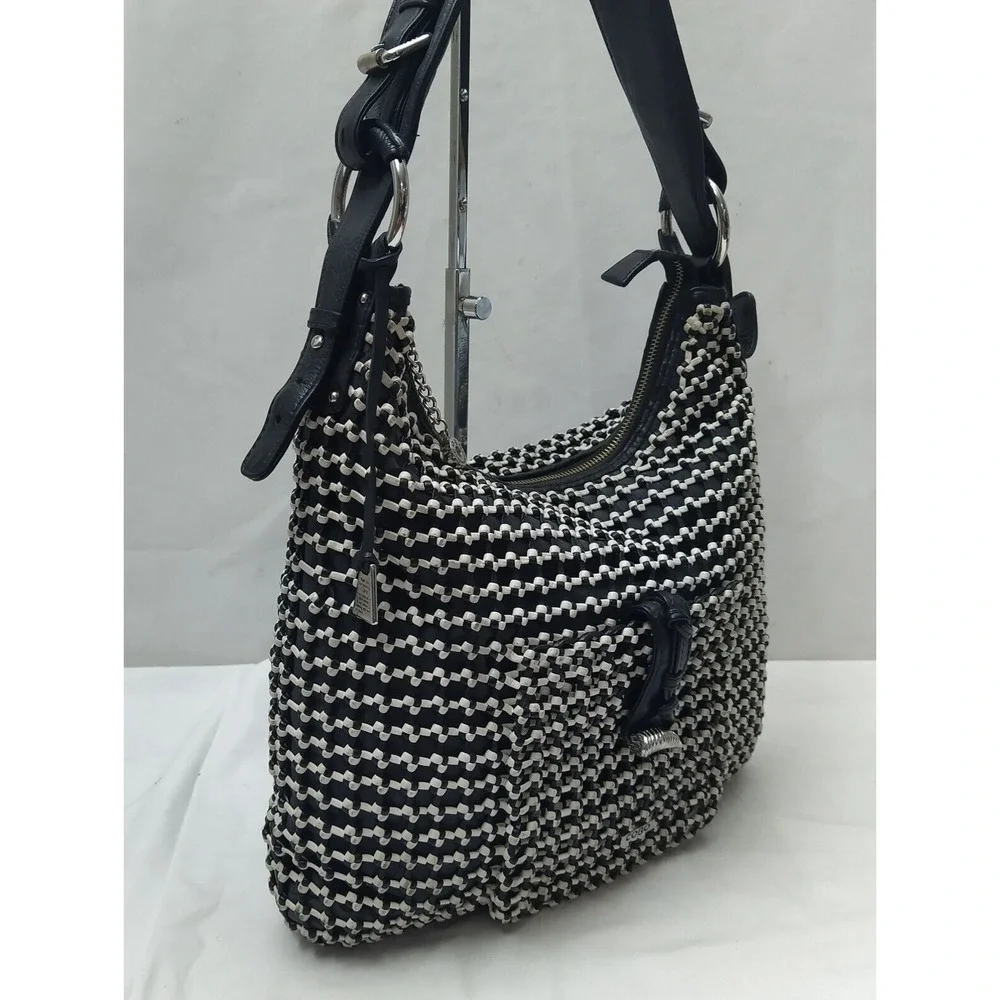 COBO International Black Nylon Mesh Woven Front Pocket Zipper Hobo Shoulder Bag